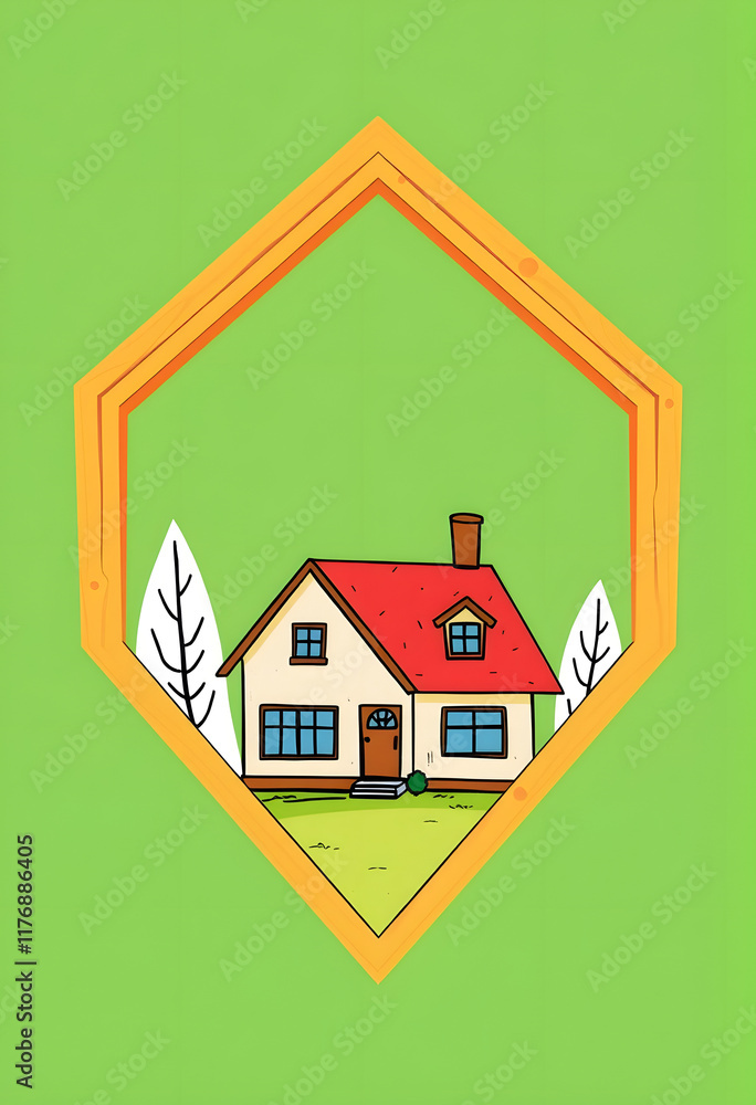 Cozy house with red roof in hexagonal frame, green background, real estate, eco-friendly living Cozy house with red roof in hexagonal frame, green background, real estate, eco-friendly living