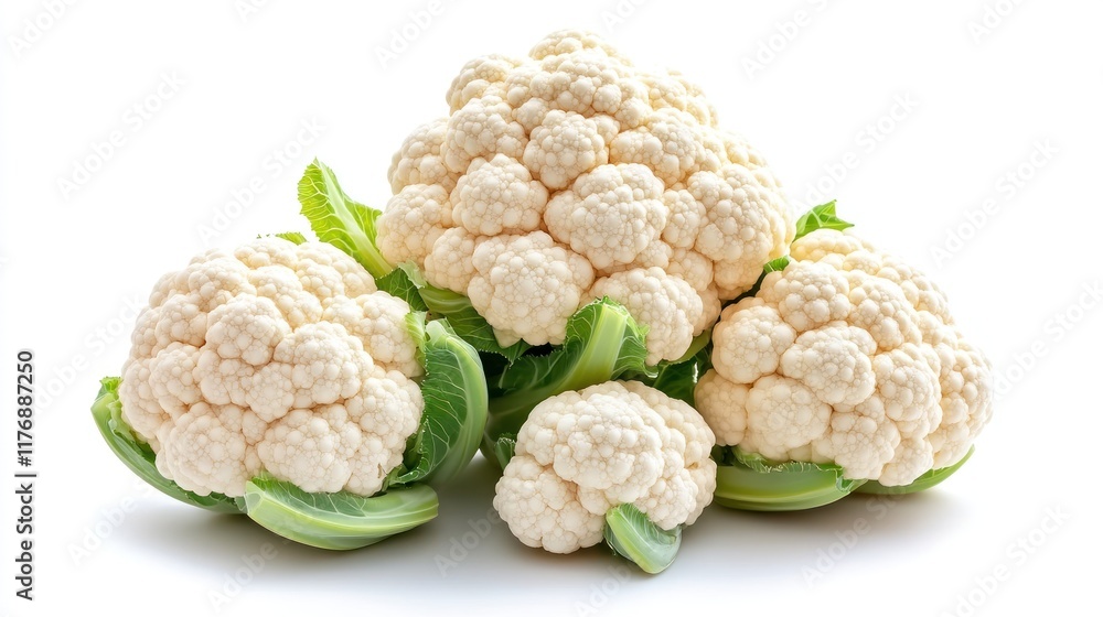 Fresh cauliflower heads with green leaves on a white background. Fresh cauliflower heads with green leaves on a white background.