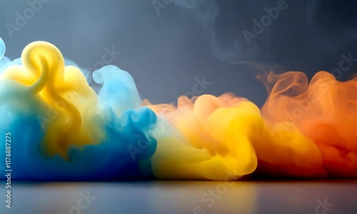 A vivid mix of yellow and blue smoke clouds blending in the air, creating a dynamic and colorful abstract scene. Perfect for creative projects photo