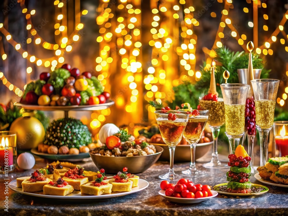 Fototapeta premium Elegant New Year's Eve Buffet: Appetizers & Sparkling Celebration