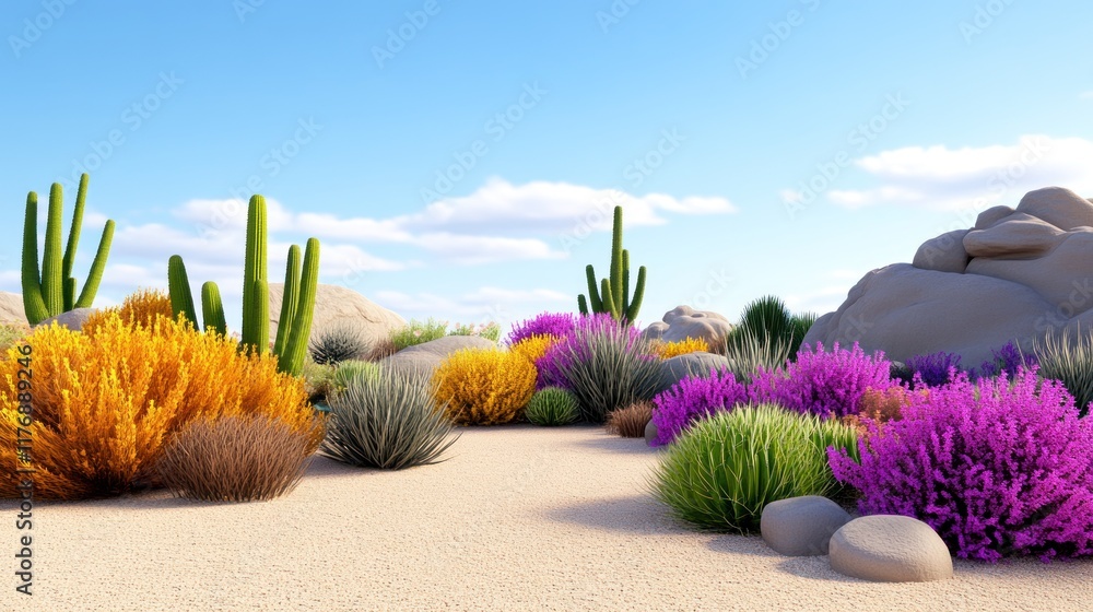 Fototapeta premium Colorful desert landscape with various cacti and vibrant plants.
