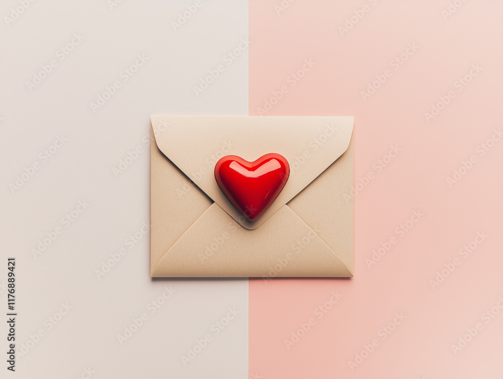 Minimalist flat lay of envelope with red heart seal on pastel background Minimalist flat lay of envelope with red heart seal on pastel background