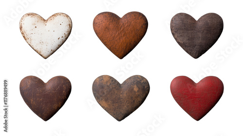 Set of wooden vintage hearts with faded distressed textures  isolated on transparent background, Valentines day love romantic decoration