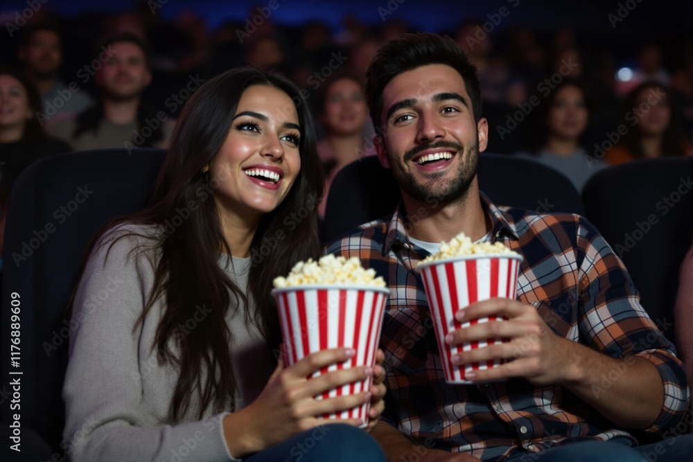 Smiling couple holding popcorn at a movie theater, sitting among other viewers, colorful setting. Concept of leisure, entertainment, and joy. Ai generative Smiling couple holding popcorn at a movie theater, sitting among other viewers, colorful setting. Concept of leisure, entertainment, and joy. Ai generative