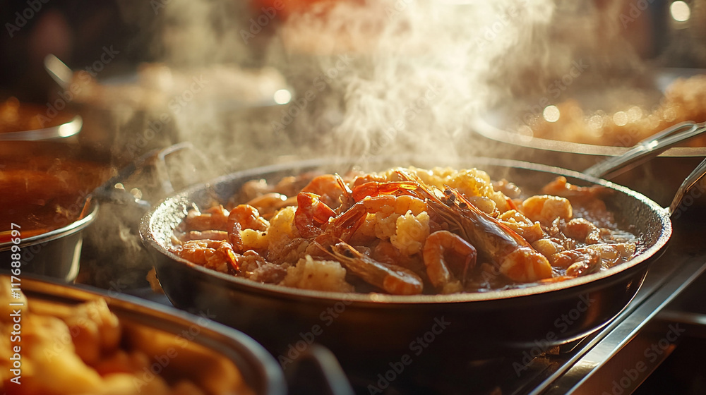 Delicious seafood dish being prepared in a bustling kitchen during a vibrant evening Delicious seafood dish being prepared in a bustling kitchen during a vibrant evening