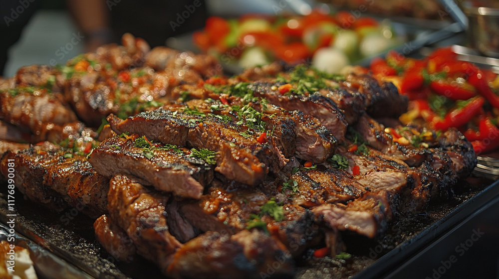 Grilled meat with fresh herbs and vegetables at an outdoor barbecue gathering Grilled meat with fresh herbs and vegetables at an outdoor barbecue gathering