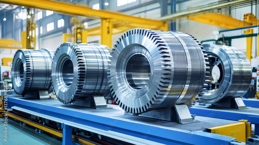 Fototapeta premium Three metallic rotors in a bright industrial engine workshop showcasing twin-piston technology