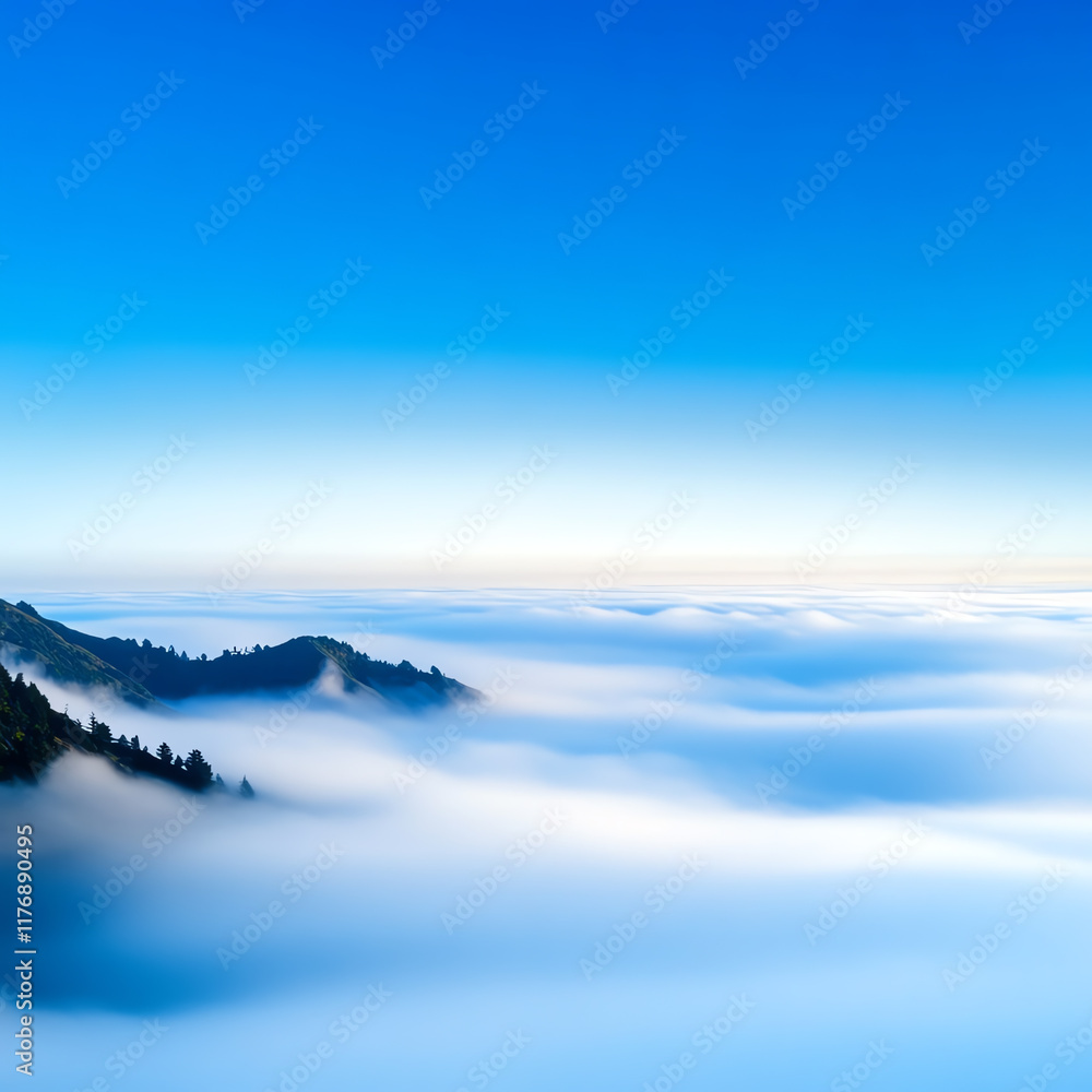 Obraz premium A breathtaking view of mountains emerging from a sea of fog under a bright blue sky, showcasing nature's serene beauty.