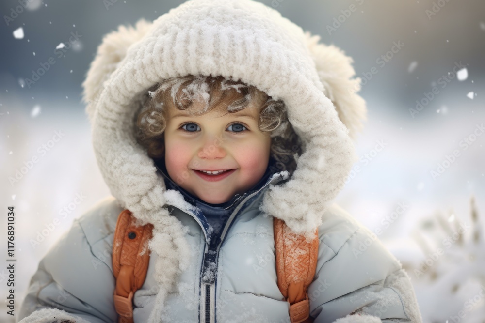 Happy child wearing warm winter clothes and a backpack is smiling during a snowfall Happy child wearing warm winter clothes and a backpack is smiling during a snowfall