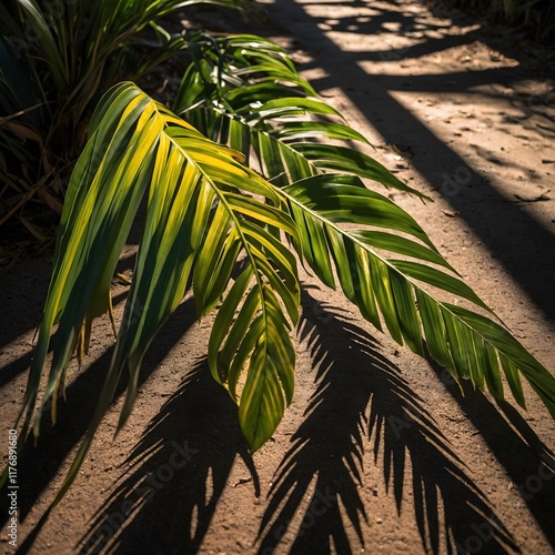 Intricate Pinanga Leaf Patterns: Sunlight and Shadows Streaming Through the Canopy photo