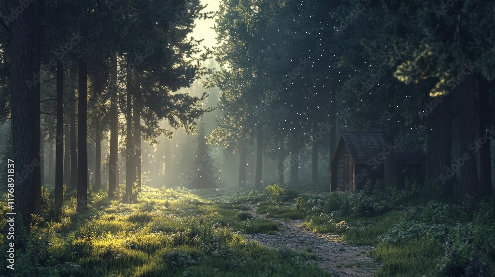 Obraz premium Misty Forest Path with Sunlight Streaming Through Trees
