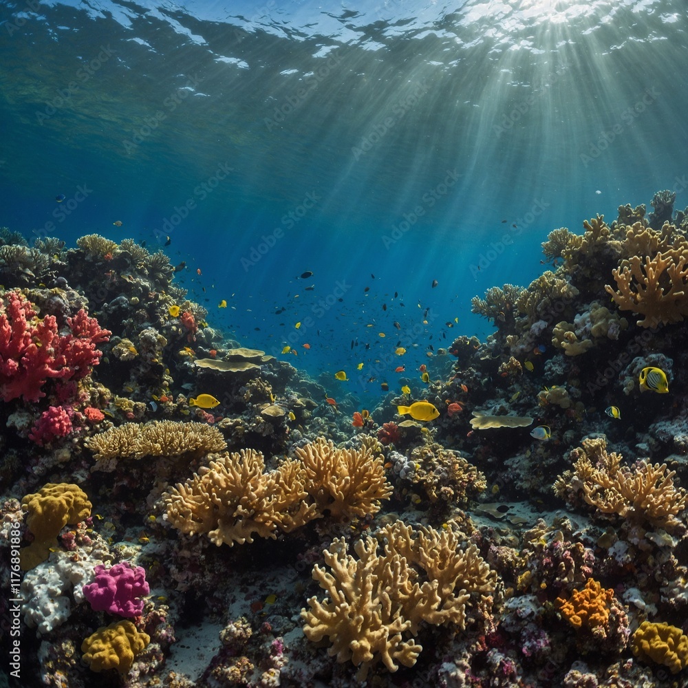A vibrant coral reef viewed from the water’s surface. A vibrant coral reef viewed from the water’s surface.