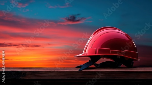 A vibrant red construction helmet rests on a wooden platform during a colorful sunset, symbolizing protection, hard work, and resilience in a stunning setting.