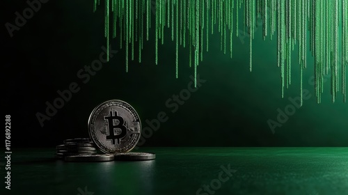 A series of Bitcoin coins are stacked in the foreground, set against a digital-themed green rain backdrop, representing technology and currency fusion. photo