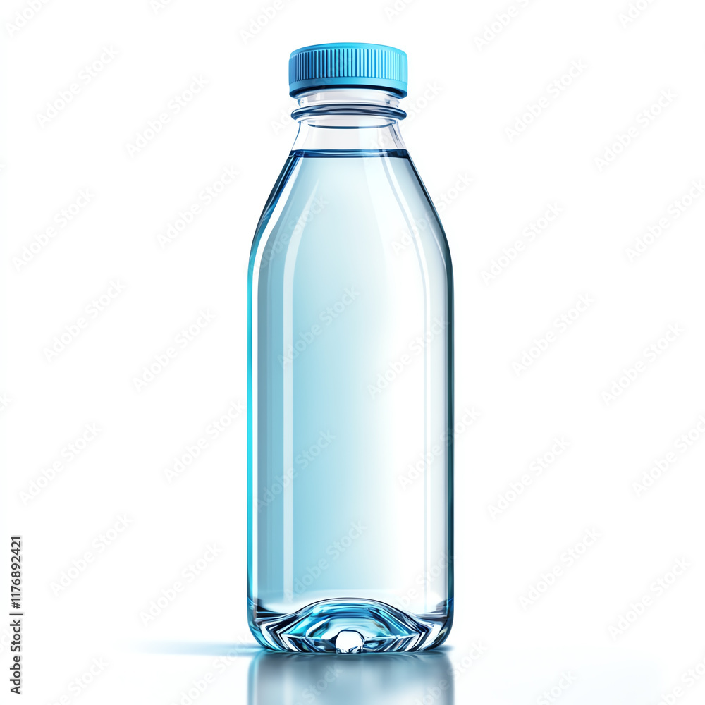 A clean and transparent water bottle with a blue cap, perfect for hydration and refreshment in any setting. A clean and transparent water bottle with a blue cap, perfect for hydration and refreshment in any setting.