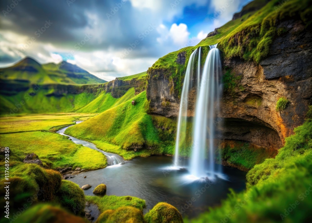 Fototapeta premium Iceland Seljalandsfoss Secondary Falls Tilt-Shift Miniature Photography - Dramatic Landscape