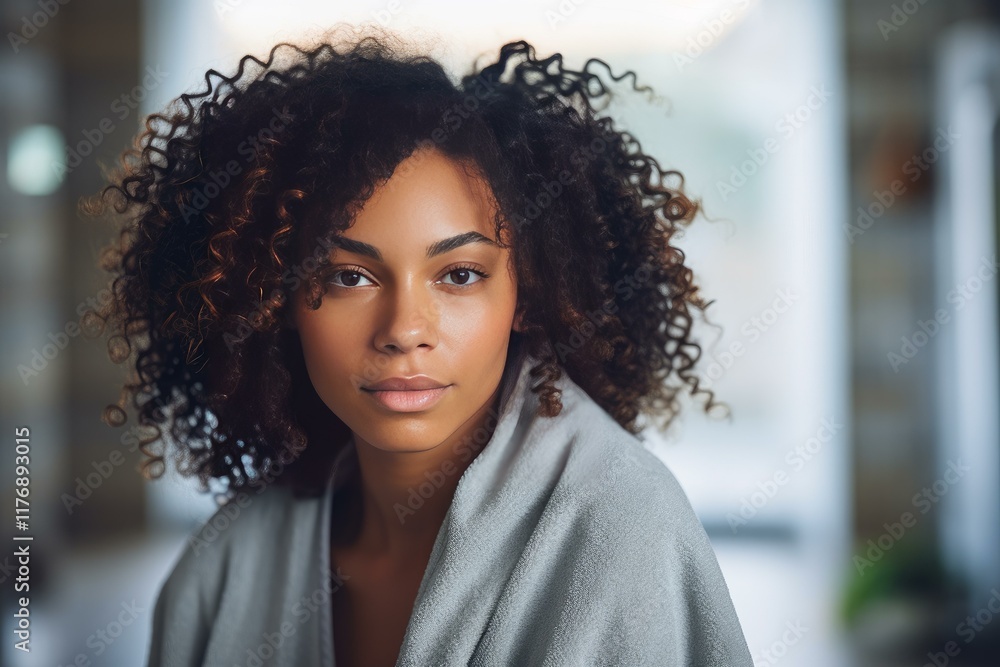 Beautiful young woman wrapped in a grey bathrobe, showing her natural beauty Beautiful young woman wrapped in a grey bathrobe, showing her natural beauty