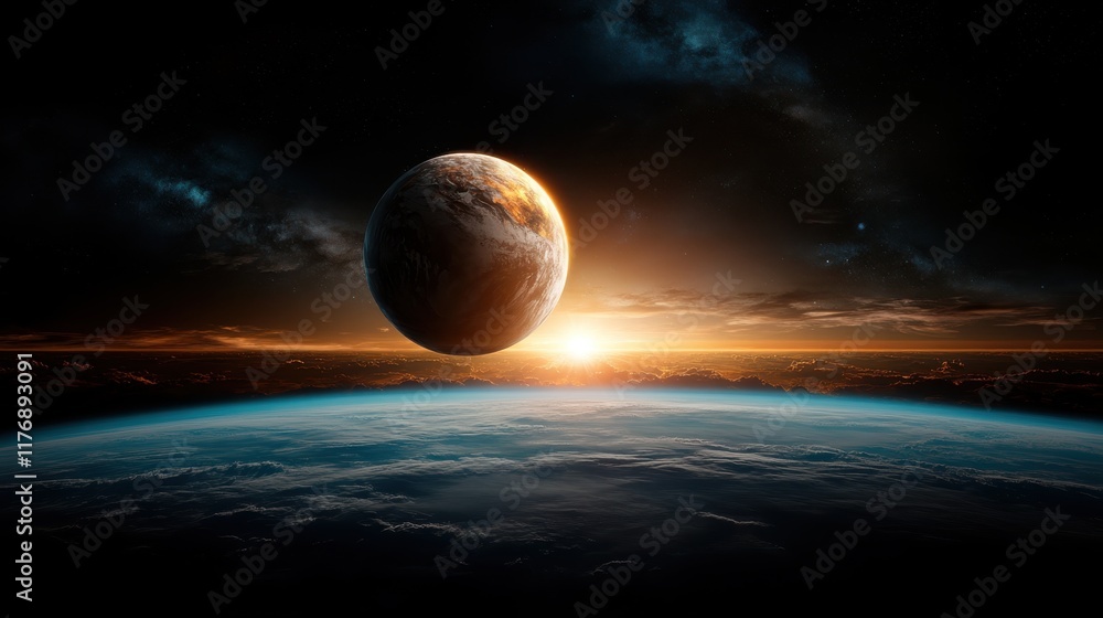 A majestic view of a planet with a glowing sunrise on the horizon, enveloped in a cosmic landscape, depicting hope and discovery in the grand expanse of space. A majestic view of a planet with a glowing sunrise on the horizon, enveloped in a cosmic landscape, depicting hope and discovery in the grand expanse of space.