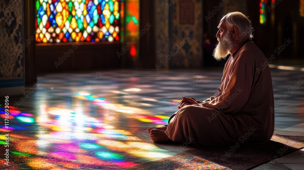 A peaceful elderly man sits in a colorful room, meditating quietly with vibrant light shining through stained glass windows. A peaceful elderly man sits in a colorful room, meditating quietly with vibrant light shining through stained glass windows.