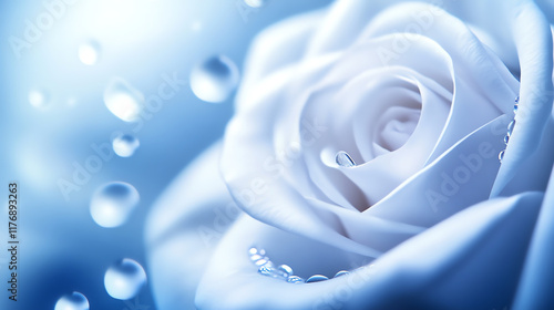 A close-up of a delicate white rose adorned with water droplets, set against a soft blue background, symbolizing purity and elegance.