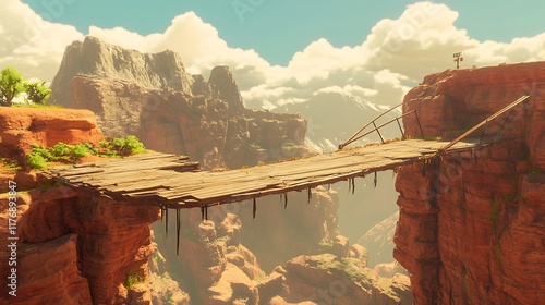 A cartoonish illustration of a wooden bridge spanning a canyon in a desert landscape.  photo