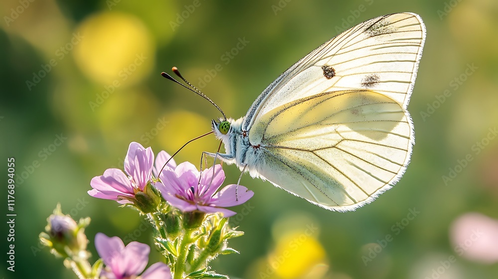 A white butterfly with dark spots rests on a pink flower. A white butterfly with dark spots rests on a pink flower.