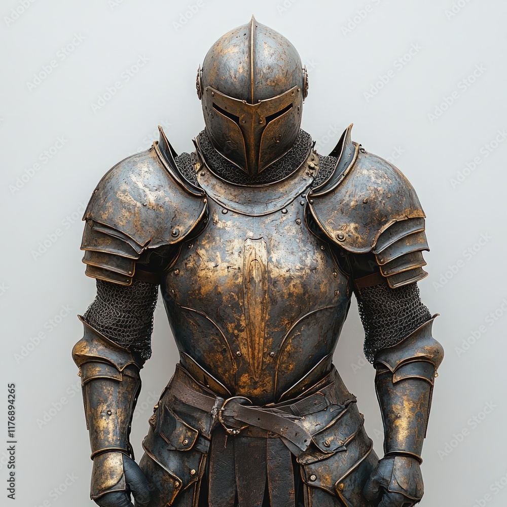Antique, weathered knight's armor stands. Antique, weathered knight's armor stands.