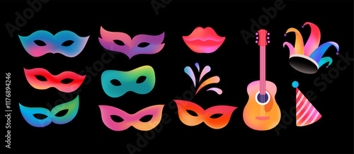 Colorful carnival graphic elements collection - masks, guitar, fireworks and jester hats