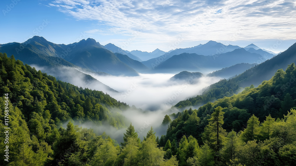 Fototapeta premium Breathtaking mountain range with misty valleys and lush greenery