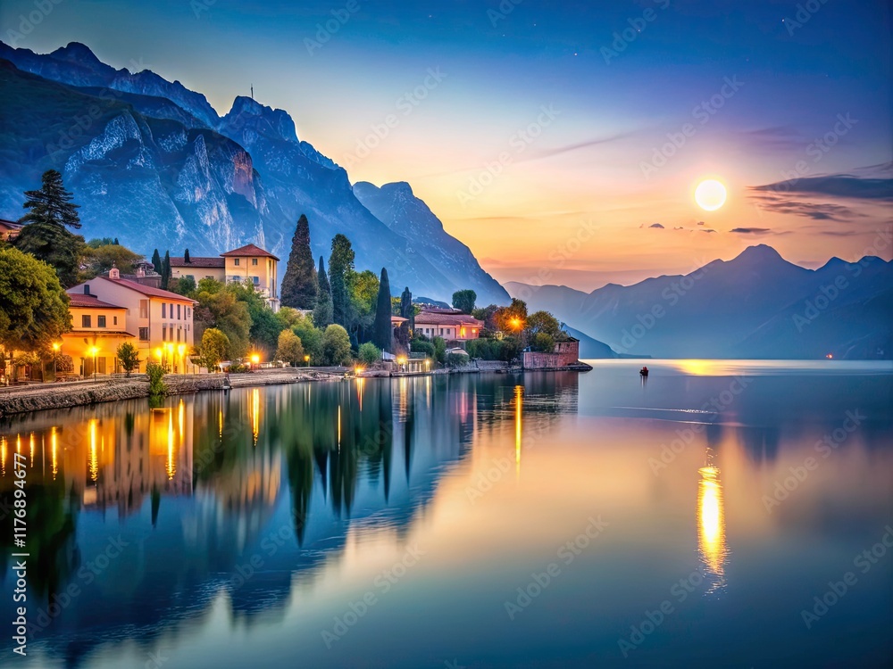 Fototapeta premium Lake Garda Moonrise: Candid Dawn Photography, Italy - Stunning Early Morning Views