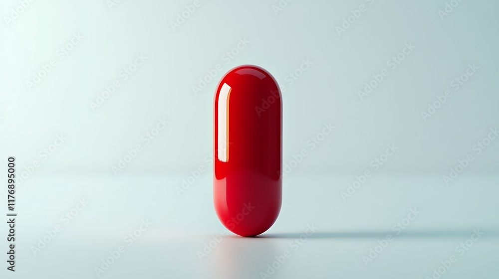 A glossy red pill stands vertically against a light background. A glossy red pill stands vertically against a light background.