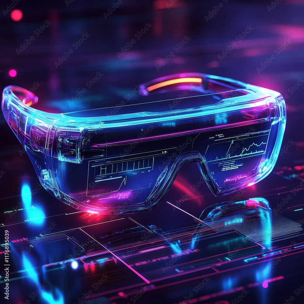 Naklejka premium Futuristic Transparent Glasses with Neon Glow and Digital Display