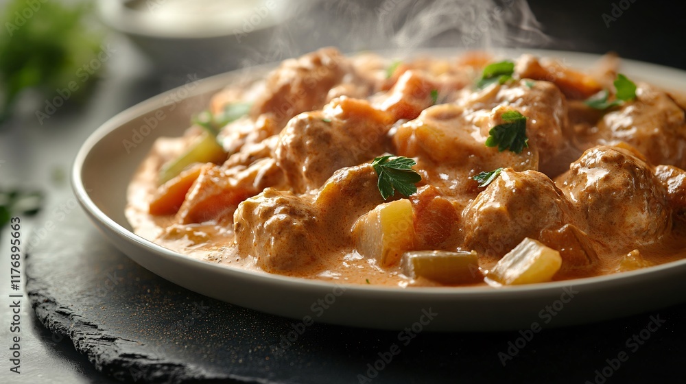 A plate of steaming hot meatball stroganoff, isolated on a dark slate surface with soft light highlighting the creamy sauce A plate of steaming hot meatball stroganoff, isolated on a dark slate surface with soft light highlighting the creamy sauce