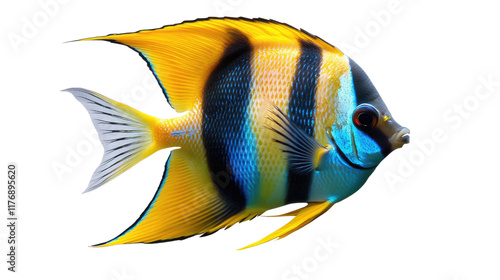 Vibrant Angelfish: A close-up portrait of a stunning yellow and blue angelfish with black stripes, showcasing its vibrant colors and intricate patterns.  