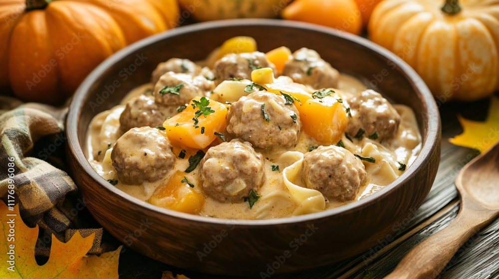 A rustic bowl of meatball stroganoff surrounded by pumpkins and gourds, isolated with soft warm lighting for a fall theme A rustic bowl of meatball stroganoff surrounded by pumpkins and gourds, isolated with soft warm lighting for a fall theme
