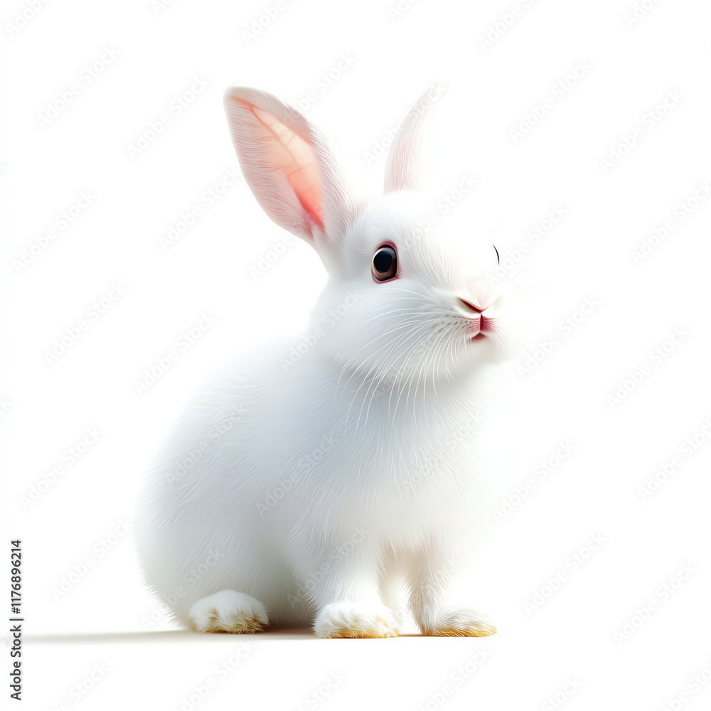 A cute white rabbit sitting gracefully, with its large ears perked up and an inquisitive expression. A cute white rabbit sitting gracefully, with its large ears perked up and an inquisitive expression.