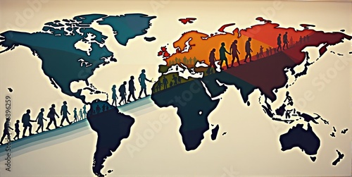 Diverse people traverse a world map, depicting global migration due to economic, crisis, war, and environmental factors photo