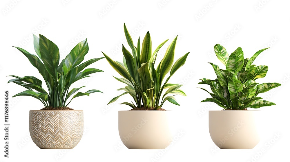 Three potted plants, each in a light-colored, round pot on white background. Three potted plants, each in a light-colored, round pot on white background.