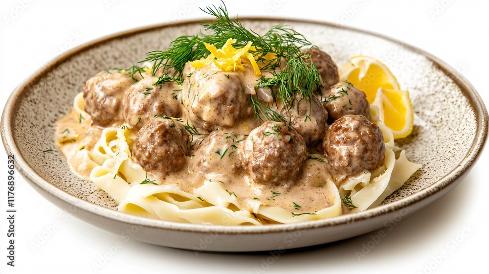 A rustic plate of meatball stroganoff, garnished with dill and lemon zest, isolated with a light shadow for depth A rustic plate of meatball stroganoff, garnished with dill and lemon zest, isolated with a light shadow for depth