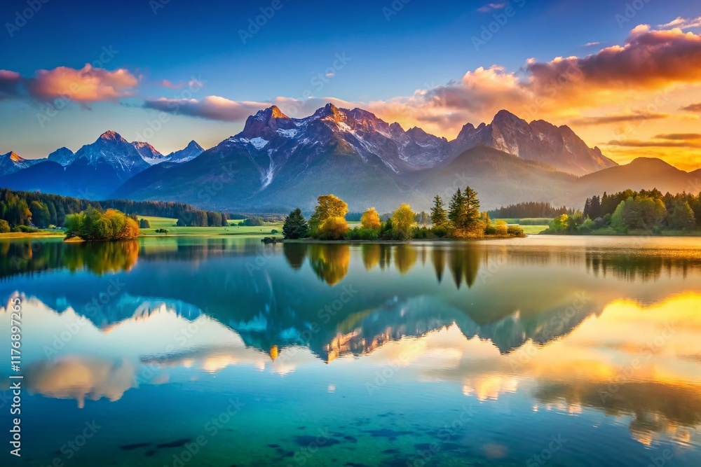 Fototapeta premium Forggensee Lake Double Exposure: Majestic Alps & Serene Waters