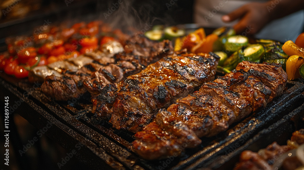 Grilling meats and vegetables at a lively outdoor barbecue gathering in summer Grilling meats and vegetables at a lively outdoor barbecue gathering in summer