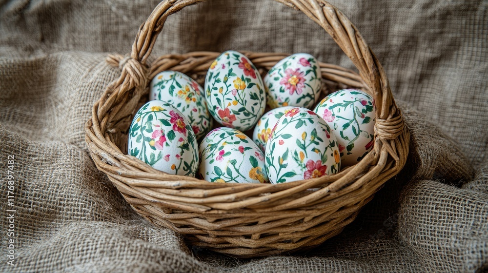 A basket of Easter eggs painted with floral and vine patterns, resting on a rustic burlap-textured background A basket of Easter eggs painted with floral and vine patterns, resting on a rustic burlap-textured background