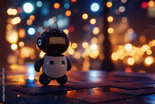 Small robot stands on a sidewalk under colorful city lights at night photo