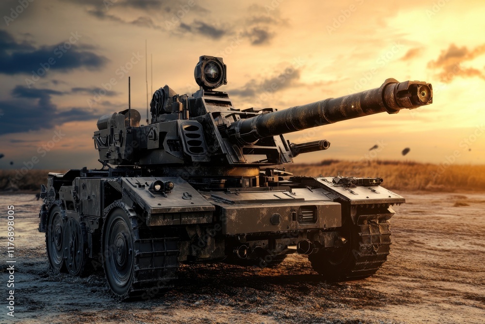 Powerful tank positioned on rugged terrain during sunset, showcasing military strength Powerful tank positioned on rugged terrain during sunset, showcasing military strength