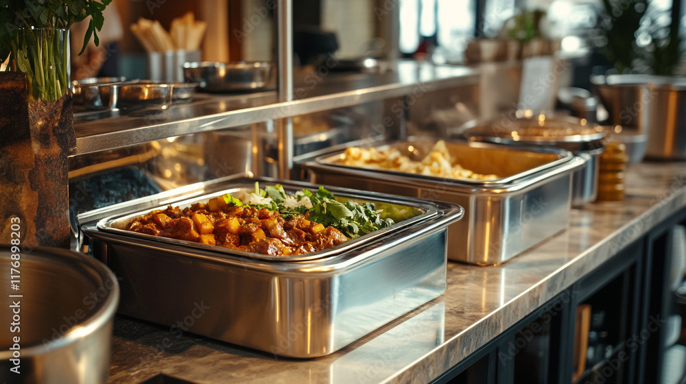 Obraz premium Deliciously arranged buffet featuring a variety of fresh dishes in a modern restaurant