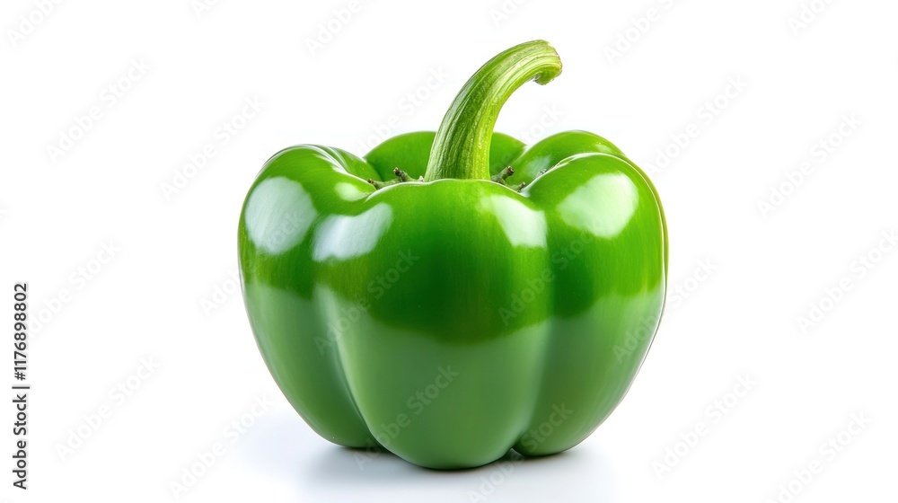 A fresh green bell pepper on a white background.