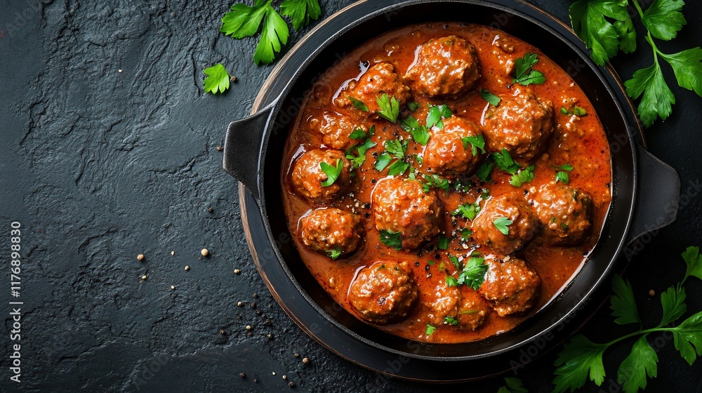 Meatball stroganoff with a sprinkling of freshly cracked black pepper, isolated with a few parsley leaves scattered around Meatball stroganoff with a sprinkling of freshly cracked black pepper, isolated with a few parsley leaves scattered around