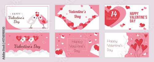 Valentines Day cover typography templates set for social media. Greeting cards design with bird couple kiss, love letters, 14 february date, heart balloons, romantic envelopes. Vector illustration.