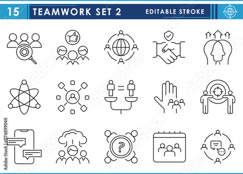 A set of line icons related to Teamwork. Research, worldwide, empowerment, equality, working potential, target, networking, chat, announce, and so on. Vector editable stroke.