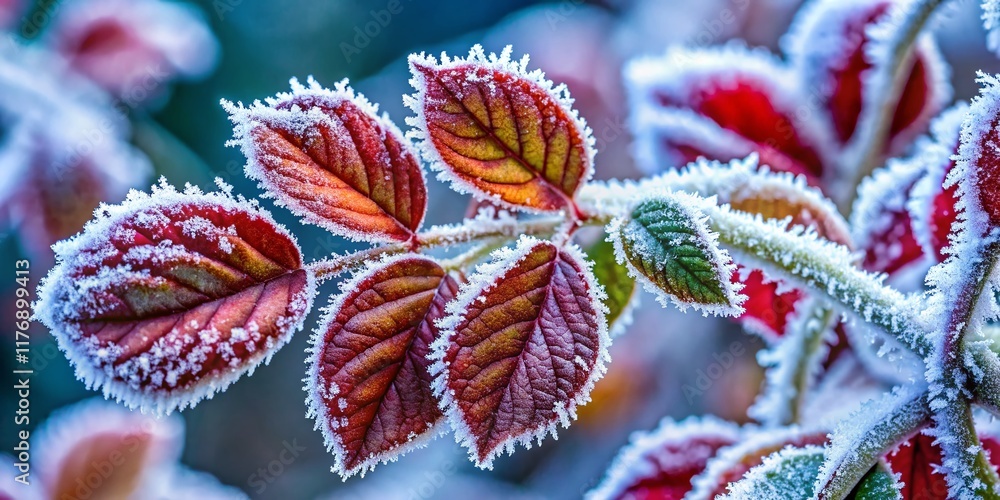 Frozen Rose Leaves: Close-up of Snow-Covered, Curled Rose Foliage in Winter Frozen Rose Leaves: Close-up of Snow-Covered, Curled Rose Foliage in Winter